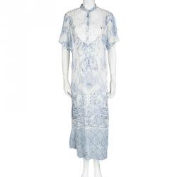 Pre Owned Roberto Cavalli White Floral Printed Silk Embellished Sheer Maxi Dress S  