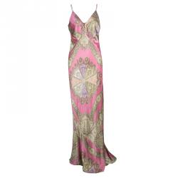 Pre Owned Roberto Cavalli Pink Printed Silk Tie Detail Sleeveless Maxi Dress M