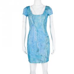Pre Owned Roberto Cavalli Blue Printed Knit Tassel Tie Back Detail Mini Dress M