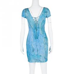 Pre Owned Roberto Cavalli Blue Printed Knit Tassel Tie Back Detail Mini Dress M