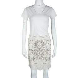 Pre Owned Roberto Cavalli Off White Eyelet Lace Scallop Hem Detail Embellished Skirt S