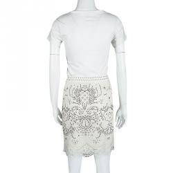 Pre Owned Roberto Cavalli Off White Eyelet Lace Scallop Hem Detail Embellished Skirt S