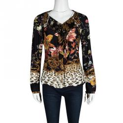 Pre Owned Roberto Cavalli Multicolor Printed Ruffle Detail Long Sleeve Top S