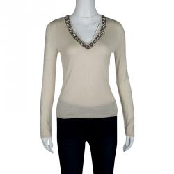 Pre Owned Roberto Cavalli Beige Embellished Silk Cashmere Sweater S