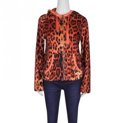 مملوكة مسبقًا Roberto Cavalli Gym Orange Leopard Print Hooded Zip Front Sweatshirt M