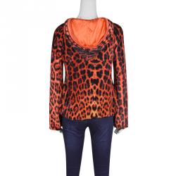 مملوكة مسبقًا Roberto Cavalli Gym Orange Leopard Print Hooded Zip Front Sweatshirt M