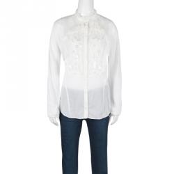 Pre Owned Roberto Cavalli White Embellished Cotton Long Sleeve Blouse L