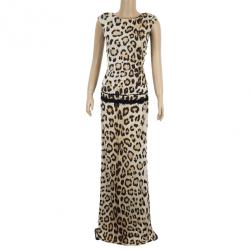 Pre Owned Roberto Cavalli Cut Out Leopard Print Stretch Maxi Dress M