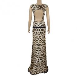 Pre Owned Roberto Cavalli Cut Out Leopard Print Stretch Maxi Dress M