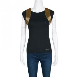 مملوكة مسبقًا Roberto Cavalli Black Jersey Gold Bead Embellished Cap Sleeve Top M