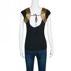 مملوكة مسبقًا Roberto Cavalli Black Jersey Gold Bead Embellished Cap Sleeve Top M