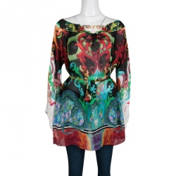 Pre Owned تونيك روبرتو كافالي حزام مزخرف حرير مطبوع متعدد الألوان S