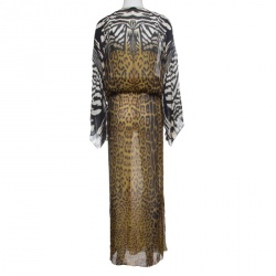 مملوكة مسبقًا فستان قفطان ماكسي روبرتو كافالي حرير شيفون شفاف نقشة الفهد M