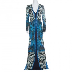 Pre Owned Roberto Cavalli Multicolor Printed Long Sleeve Maxi Dress L