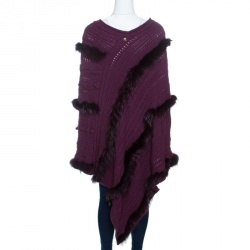 Pre Owned Roberto Cavalli Purple Cable Knit Fur Trim Poncho M