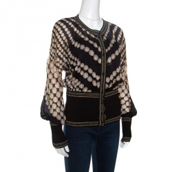 Pre Owned Roberto Cavalli Black Pearl Printed Rib Trim Sheer Blouson Top M