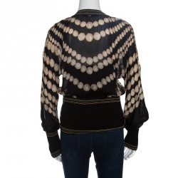 Pre Owned Roberto Cavalli Black Pearl Printed Rib Trim Sheer Blouson Top M