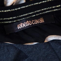 Pre Owned Roberto Cavalli Black Pearl Printed Rib Trim Sheer Blouson Top M