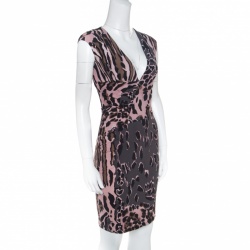 Pre Owned Roberto Cavalli Grey and Pink Ruched Animal Print Dress S