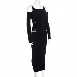 Pre Owned Roberto Cavalli Black Ribbed Knit Distressed Waist Detail Cold Shoulder Dress S