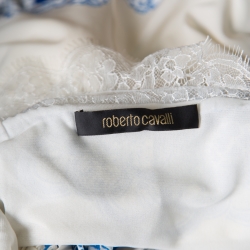 مملوكة مسبقًا Roberto Cavalli  Ivory and Blue Printed Stretch Knit Ruffled Off Shoulder Dress M