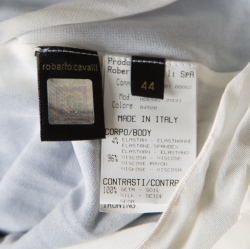 مملوكة مسبقًا Roberto Cavalli  Ivory and Blue Printed Stretch Knit Ruffled Off Shoulder Dress M