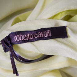 Pre Owned فستان قفطان روبرتو كافالي جيالو حرير أصفر طباعة ريش S