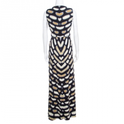 Pre Owned Roberto Cavalli Black Printed Nylon Jersey Brooch Detail Sleeveless Maxi Dress  L
