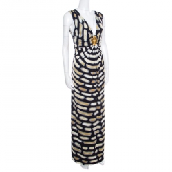 Pre Owned Roberto Cavalli Black Printed Nylon Jersey Brooch Detail Sleeveless Maxi Dress  L