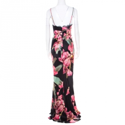 مملوكة مسبقًا Roberto Cavalli Multicolor Floral and Glitter Printed Silk Maxi Slip Dress M