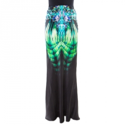 Pre Owned Roberto Cavalli Black Fluorite Crystal Printed Silk Maxi Skirt S