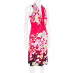 Pre Owned Roberto Cavalli Raspberry Pink Flower Printed Stretch Knit Sleeveless Dress S