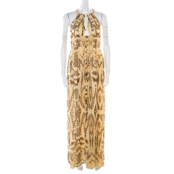 Pre Owned Roberto Cavalli Beige Animal Printed Silk Plunge Neck Cutout Back Dress S