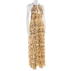 Pre Owned Roberto Cavalli Beige Animal Printed Silk Plunge Neck Cutout Back Dress S