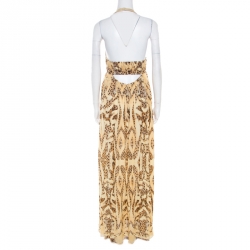 Pre Owned Roberto Cavalli Beige Animal Printed Silk Plunge Neck Cutout Back Dress S