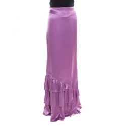 Pre Owned Roberto Cavalli Lavender Satin Silk Ruffled Bottom Maxi Skirt M