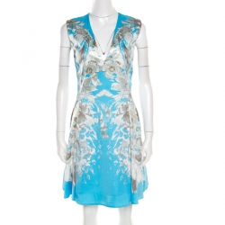Blue Floral Printed Satin Sleeveless Flared Dress