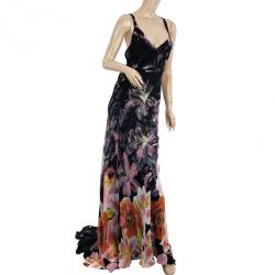 Pre Owned فستان روبرتو كافالي طباعة موردة ماكسي XS