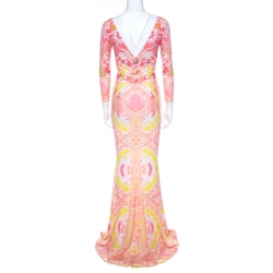 مملوكة مسبقًا Roberto Cavalli Pink and Yellow Floral Print Ruched Bodice Maxi Dress S