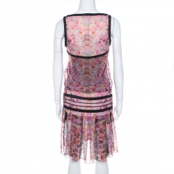 Pre Owned Roberto Cavalli Pink and Black Floral Sheer Silk Lace Trim Sleeveless Shift Dress S