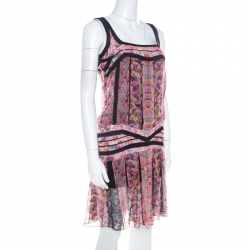 Pre Owned Roberto Cavalli Pink and Black Floral Sheer Silk Lace Trim Sleeveless Shift Dress S