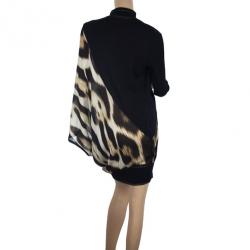 Pre Owned Roberto Cavalli Leopard Print Silk Chiffon &amp; Wool Knit Dress XL