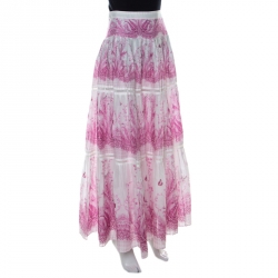 مملوكة مسبقًا Roberto Cavalli Pink & White Floral Printed Tiered Maxi Skirt M