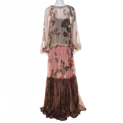 Pre Owned فستان روبرتو كافالي مطبوع ورود و فاكهة طبقات ماكسي حرير متعدد الألوان M