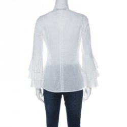 Pre Owned Roberto Cavalli White Cotton Ruffle Sleeve Detail Blouse S 