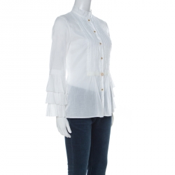 Pre Owned Roberto Cavalli White Cotton Ruffle Sleeve Detail Blouse S 