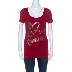 Pre Owned تي شيرت روبرتو كافالي مطبوع نقوش ميتاليك Love Cavalli Club جيرسيه أحمر M