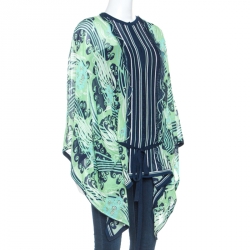 Pre Owned Roberto Cavalli Green and Navy Printed Silk Belted Kimono Top L