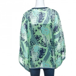 Pre Owned Roberto Cavalli Green and Navy Printed Silk Belted Kimono Top L