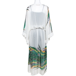 Pre Owned Roberto Cavalli Green & White Feather Print Silk Front Slit Detail Kaftan M